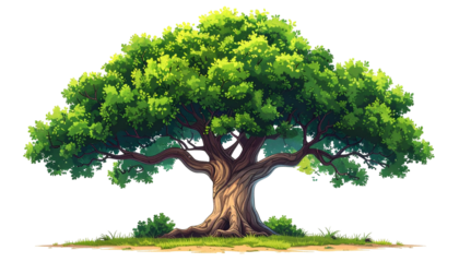 A large, flourishing tree with lush green foliage and a thick, textured trunk, stands on grass