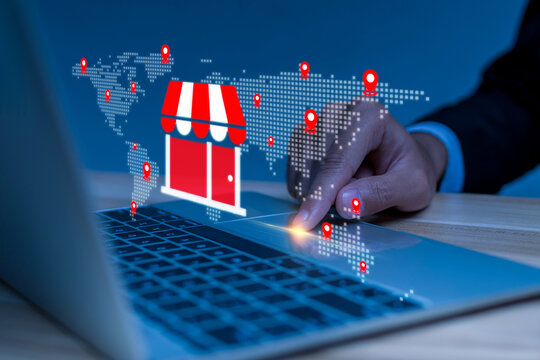 Online Shopping. customer buy product on laptop computer, food delivery, local business, digital marketing, business finance, delivery tracking system, shopping online platform technology concept