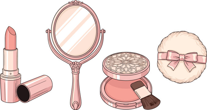 Illustration of pink lipstick, hand mirror, blush compact, and powder puff on transparent background