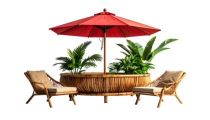 Relaxing outdoor scene with seating, plants, and a red parasol