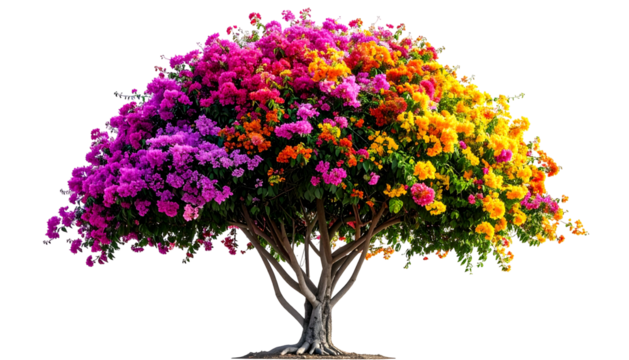 A vibrant tree bursting with multi-colored blossoms against a stark black background