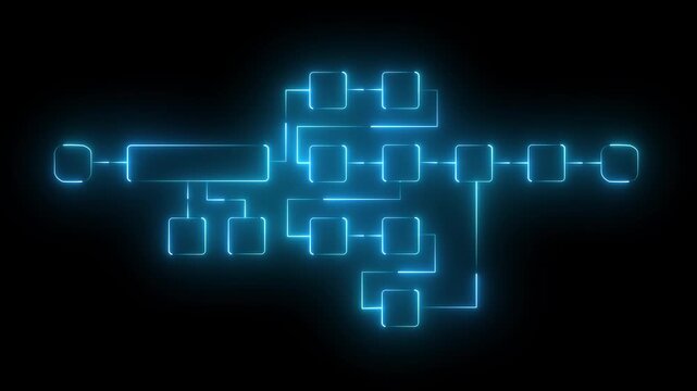 Futuristic neon flowchart diagram with glowing connected blocks and dynamic digital pathways representing system workflow, data processing, and modern technology architecture.