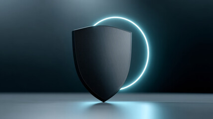 A black shield with a neon blue circle around it on top of a surface