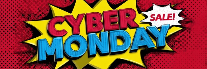 comic book pop art, retro cyber monday pop art design with d text, ben-day dots, speech bubbles, classic comic graphics, and vintage printing textures, suitable for lively brands and nostalgic