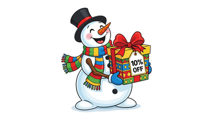 Cheerful Snowman with a Gift: A whimsical snowman, adorned with a festive scarf and hat, holds a beautifully wrapped gift.