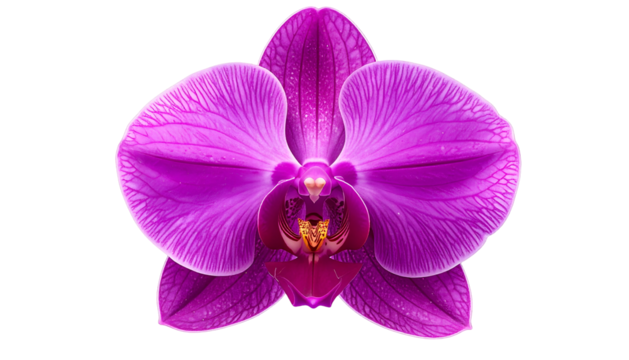 Vivid, isolated close-up of a blooming magenta orchid, showcasing delicate petals