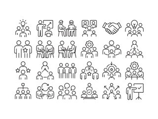 Team Management Collaboration and Business People Line Icons Set.