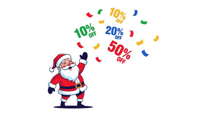 Fototapeta premium Santa's Festive Discounts: Santa Claus, the symbol of Christmas, joyfully extends a hand as vibrant confetti with percentage-off offers showers from above.