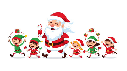 Santa and His Cheerful Elves: A jolly Santa Claus leads a procession of cheerful elves. conveying festive spirit and seasonal merriment.