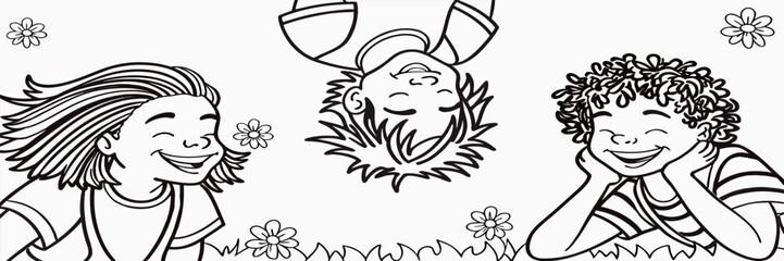 Diverse Children Joyful Play: Black and White Outline Art Banner