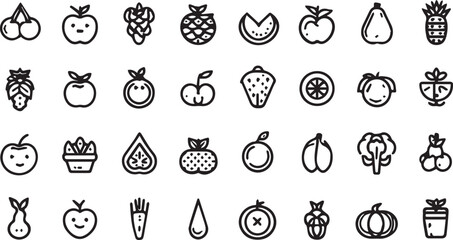 Fruits and Vegetables Line Art Icons Set — Minimal Black Outline Vector Collection