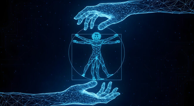 Futuristic digital hands holding vitruvian man symbol representing technology and humanity