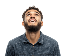 Man looking up with hopeful expression portrait isolated on transparent background