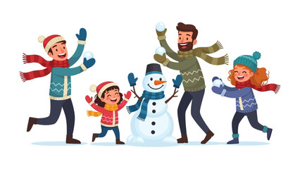 Winter Family Fun with Snowball Fight: A joyful family shares a heartwarming winter moment, engaging in a playful snowball fight, a snowman stands amidst the snowy setting. 