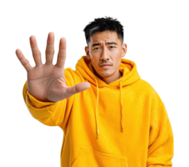 Man in yellow hoodie expressing emotions in isolated on transparent background