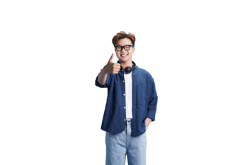 Thumbs Up in Approval: A fashionable young individual with stylish spectacles and headphones draped around their neck gives a confident thumbs-up, radiating a positive and approving attitude.