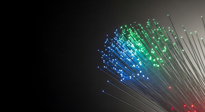 Vibrant fiber optics glow with futuristic energy, symbolizing high-speed connection and modern technological advancement for digital communication.