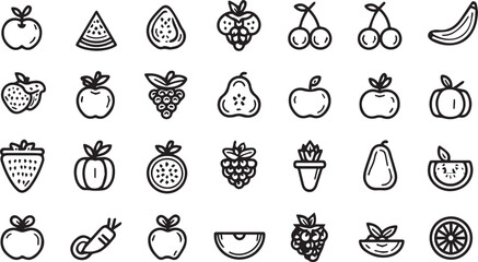 Fruits and Vegetables Line Art Icons Set — Minimal Black Outline Vector Collection