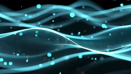 Glowing blue wave patterns with floating particles on a black background - Powered by Adobe