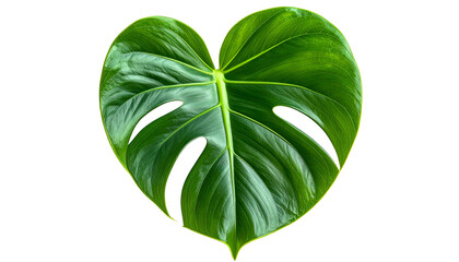 Heart-shaped, vibrant green tropical leaf with distinctive holes against a black background