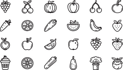 Fruits and Vegetables Line Art Icons Set — Minimal Black Outline Vector Collection