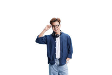 Smart and Stylish Young Adult: A youthful individual, exuding confidence, casually adjusts glasses while wearing a denim shirt, showcasing effortless style and charisma.