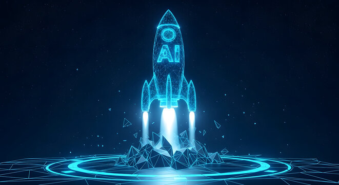 Futuristic blue neon rocket launching upwards with glowing digital exhaust and abstract energy circle