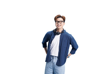 Smiling Young Man with Glasses and Headphone: A cheerful young man wearing stylish glasses and a...