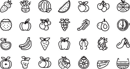 Fruits and Vegetables Line Art Icons Set — Minimal Black Outline Vector Collection