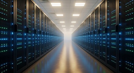 Expansive, modern data center hallway with rows of illuminated server racks, showcasing advanced technology and digital infrastructure for seamless operations.