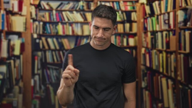 Man in black t shirt pointing index finger at bookshelves in a public building, mild frown and raised finger gesture; study focus thoughtful.