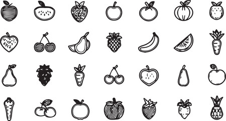 Fruits and Vegetables Line Art Icons Set — Minimal Black Outline Vector Collection