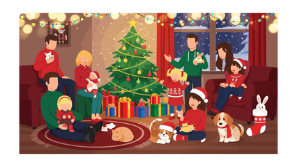 Family Christmas Gathering: A festive Christmas scene unfolds within a warm living room, where a multi-generational family, surrounded by gifts and decorations, is together.