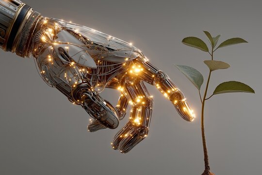 Robot hand nurturing growing plant representing technological innovation