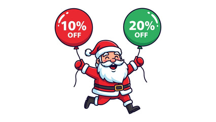 Festive Discount Announcement: Cheerful Santa Claus, holding discount balloons in each hand, runs towards the holiday season with special offers. Capturing the spirit of giving and seasonal cheer!