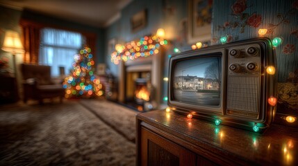 retro christmas concept. Cozy living room adorned with festive lights and a vintage television.