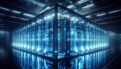 futuristic server room glowing with blue lights, reflections on glass panels, data center