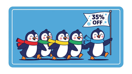 Penguin Parade with Discount Banner: A cheerful group of penguins march in a procession, one proudly leading the way with a banner showcasing a generous discount.