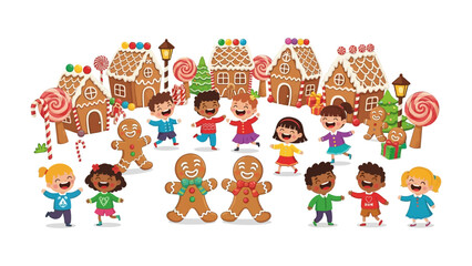 Gingerbread Village: Joyful children gather around a whimsical gingerbread village. The scene evokes the magic and delight of the holiday season, complete with candy canes, gingerbread people.
