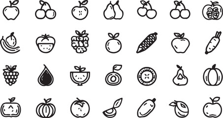 Fruits and Vegetables Line Art Icons Set — Minimal Black Outline Vector Collection