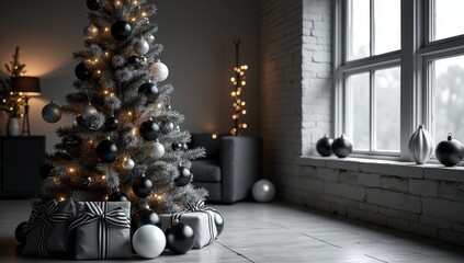Modern black and white Christmas scene with striped bows and minimal ornaments in an elegant urban loft. Monochrome design with cold light and soft warm highlights.
