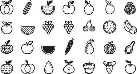 Fruits and Vegetables Line Art Icons Set — Minimal Black Outline Vector Collection