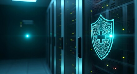 Secure digital shield glowing on server rack symbolizes robust cybersecurity and data protection in a modern datacenter environment.