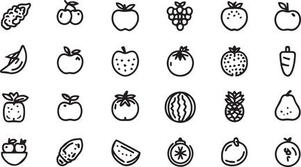 Fruits and Vegetables Line Art Icons Set — Minimal Black Outline Vector Collection