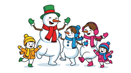 Joyful Snowman Family: A cheerful snowman family, decked out in winter attire, dances and celebrates in a whimsical scene, conveying the magic of winter and the warmth of family bonds.