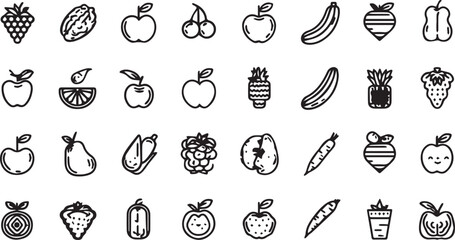 Fruits and Vegetables Line Art Icons Set — Minimal Black Outline Vector Collection