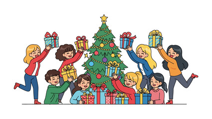 Christmas Cheer and Festive Gifting: A cheerful assembly of children and adults gathers around a beautifully adorned Christmas tree, embracing the joyous tradition of exchanging colorful gift boxes.