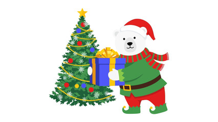Gift-bearing Bear: a cute polar bear in a elf outfit, with a present and christmas tree in winter celebration