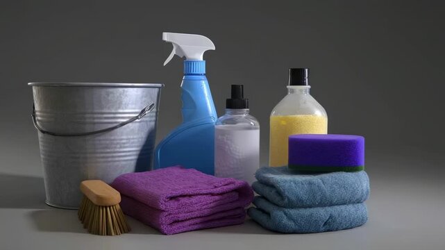 A collection of cleaning supplies is arranged on a grey surface including a metal bucket various bottles a purple sponge a wooden brush and stacks of colorful towels