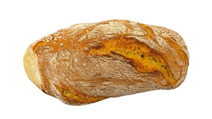 Top view of a rustic artisan loaf of freshly baked crusty bread, isolated on white background.
